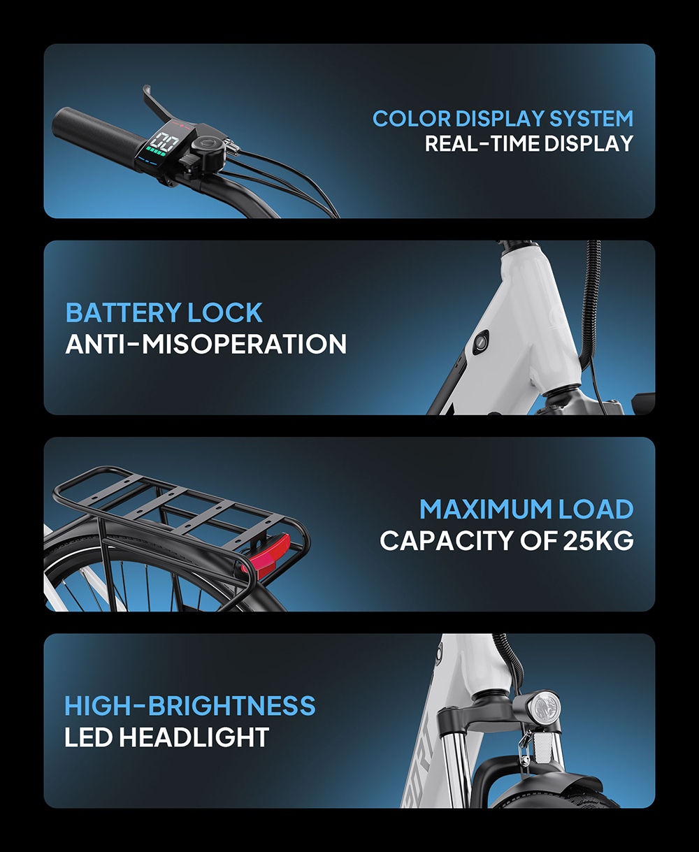 ONESPORT OT12 Pro Elektrofahrrad, 250-W-Motor, herausnehmbarer 36-V-13-Ah-Akku, 65 km Reichweite, 25 km/h Höchstgeschwindigkeit, Shimano 7-Gang-Schaltung, mechanische Scheibenbremsen, Federgabel, Schutzart IPX4 – Weiß