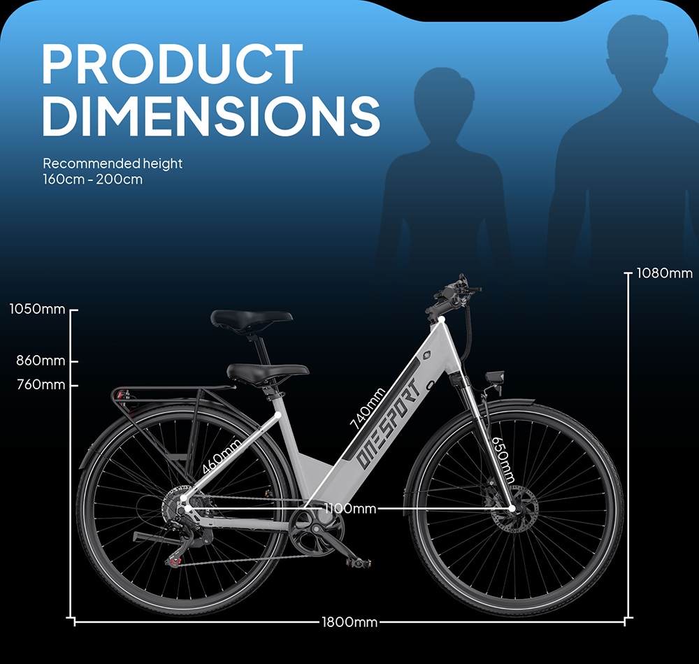 ONESPORT OT12 Pro Elektrofahrrad, 250-W-Motor, herausnehmbarer 36-V-13-Ah-Akku, 65 km Reichweite, 25 km/h Höchstgeschwindigkeit, Shimano 7-Gang-Schaltung, mechanische Scheibenbremsen, Federgabel, Schutzart IPX4 – Weiß