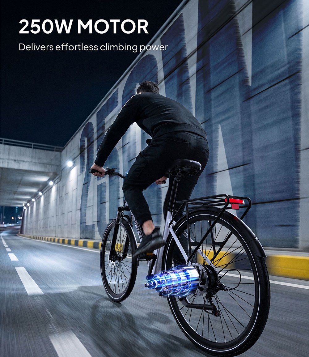ONESPORT OT12 Pro Elektrofahrrad, 250-W-Motor, herausnehmbarer 36-V-13-Ah-Akku, 65 km Reichweite, 25 km/h Höchstgeschwindigkeit, Shimano 7-Gang-Schaltung, mechanische Scheibenbremsen, Federgabel, Schutzart IPX4 – Weiß