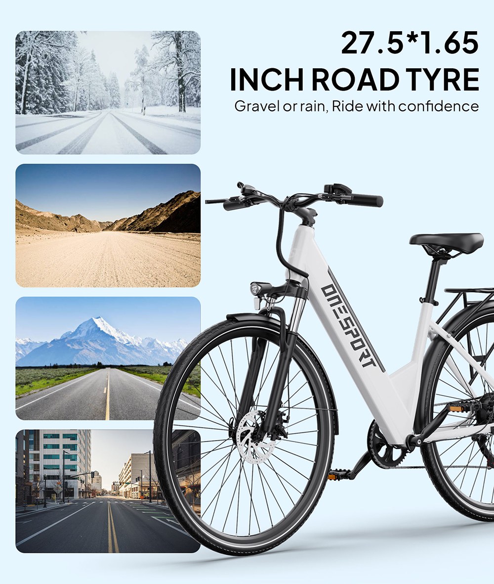 ONESPORT OT12 Pro Elektrofahrrad, 250-W-Motor, herausnehmbarer 36-V-13-Ah-Akku, 65 km Reichweite, 25 km/h Höchstgeschwindigkeit, Shimano 7-Gang-Schaltung, mechanische Scheibenbremsen, Federgabel, Schutzart IPX4 – Weiß