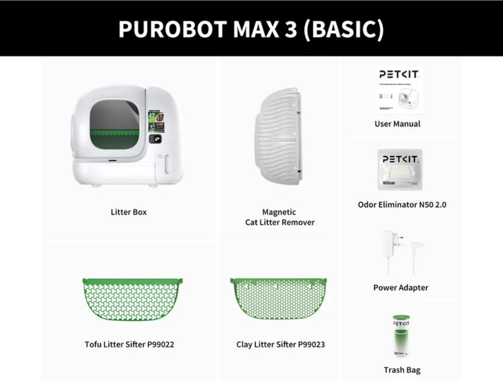 Bac à litière automatique PETKIT Purobot Max 3, bac à déchets de 7 L, fonctionnement silencieux (35 dB), Wi-Fi 2,4 GHz, 15 jours sans nettoyage, protection anti-fuites à 360°, contrôle des odeurs OdorVoid™, contrôle via application, reconnaissance multi-chats, suivi de la santé du chat