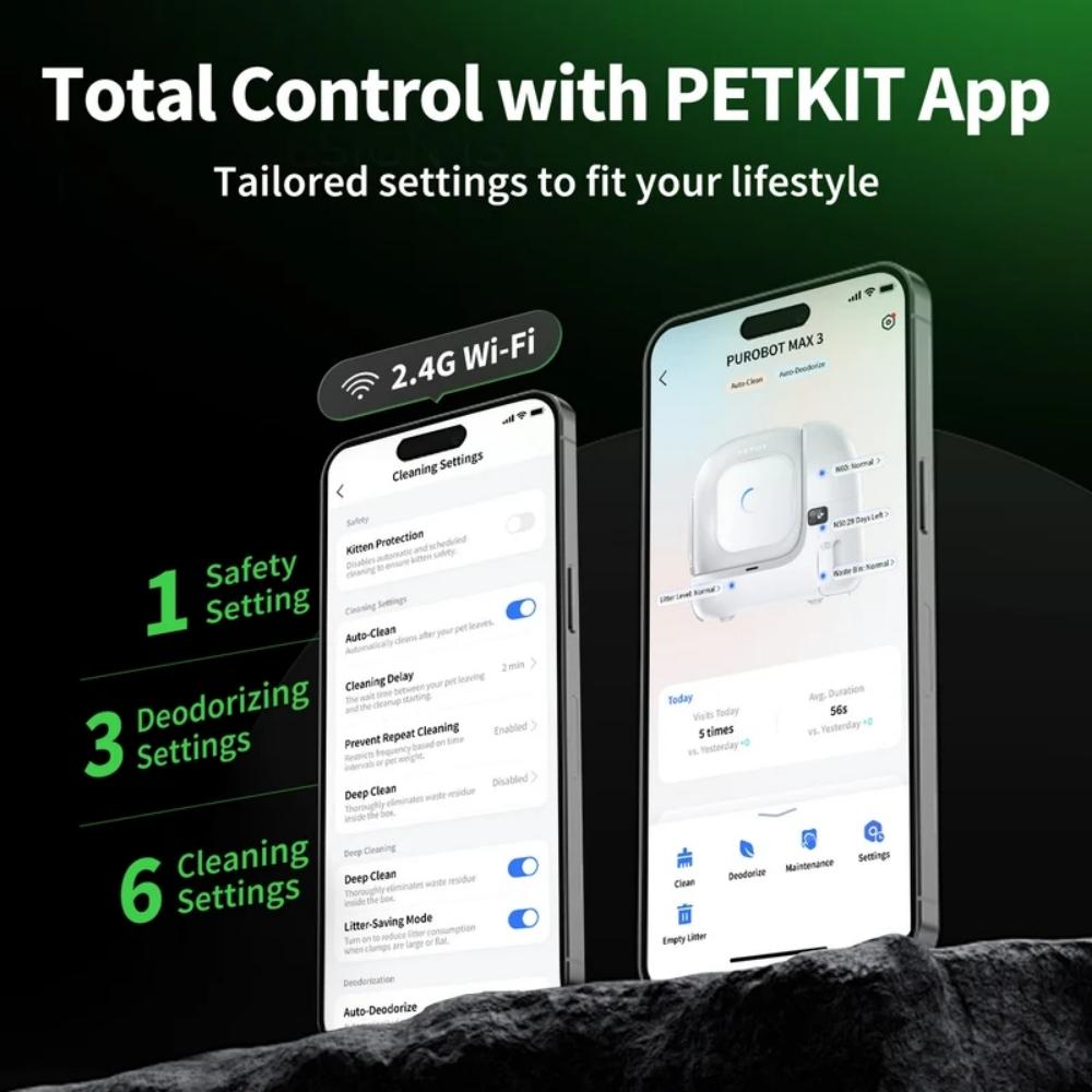 Bac à litière automatique PETKIT Purobot Max 3, bac à déchets de 7 L, fonctionnement silencieux (35 dB), Wi-Fi 2,4 GHz, 15 jours sans nettoyage, protection anti-fuites à 360°, contrôle des odeurs OdorVoid™, contrôle via application, reconnaissance multi-chats, suivi de la santé du chat