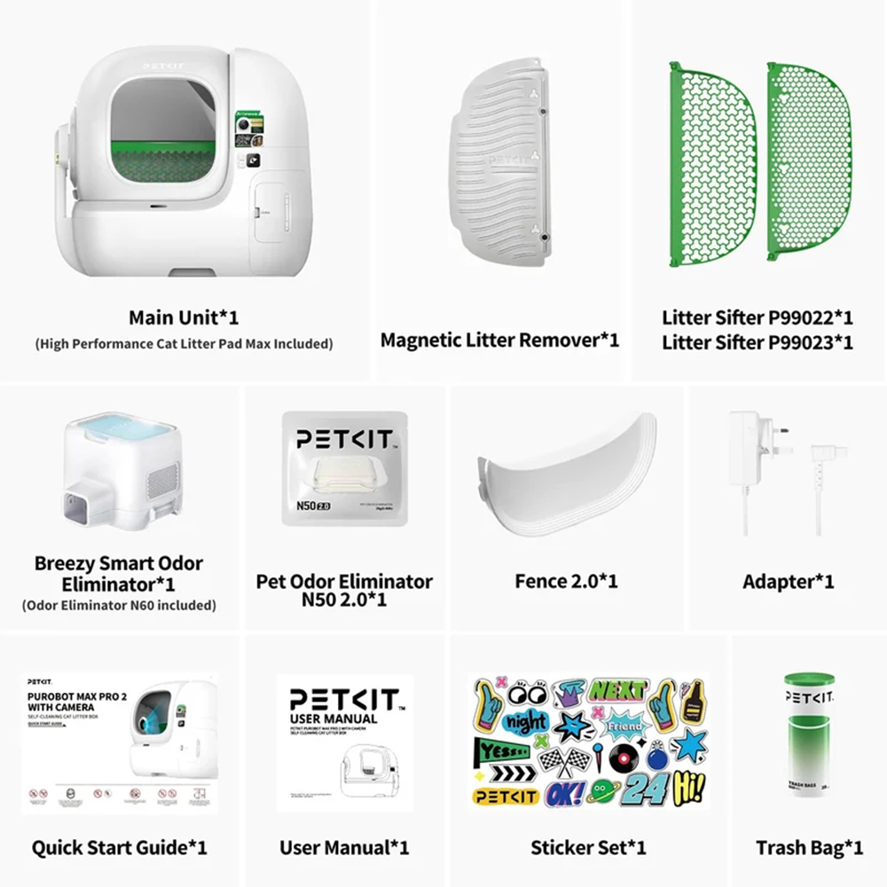 Bac à litière automatique PETKIT Purobot Max Pro 2, avec caméra IA, tambour de 76 L, bac à déchets de 8 L, jusqu'à 17 jours sans nettoyage, reconnaissance multi-chats, 12 capteurs de sécurité, surveillance 1080p, triple contrôle des odeurs, application de contrôle