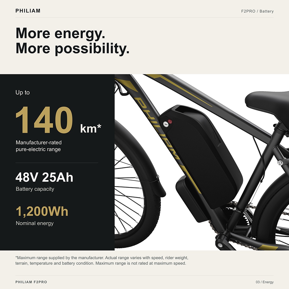Vélo électrique PHILIAM F2 PRO, moteur 750 W, puissance de crête 1000 W, batterie 48 V 25 Ah, vitesse maximale 50 km/h, autonomie 140 km, pneus 29 pouces, 21 vitesses, suspension avant, freins à disque hydrauliques, charge maximale 150 kg - Vert