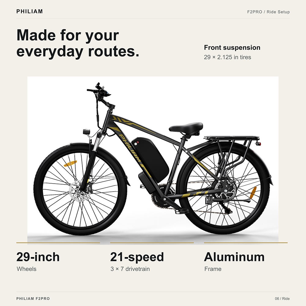 Vélo électrique PHILIAM F2 PRO, moteur 750 W, puissance de crête 1000 W, batterie 48 V 25 Ah, vitesse maximale 50 km/h, autonomie 140 km, pneus 29 pouces, 21 vitesses, suspension avant, freins à disque hydrauliques, charge maximale 150 kg - Vert