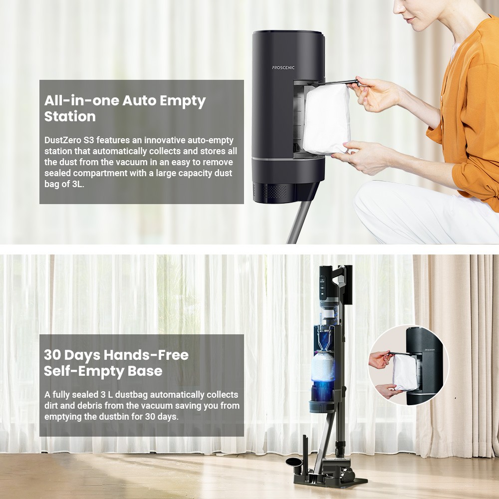 Refurbished Proscenic DustZero S3 Cordless Vacuum Cleaner, 30000Pa Suction, Auto Empty Station, Up to 60Mins Runtime, Touchscreen