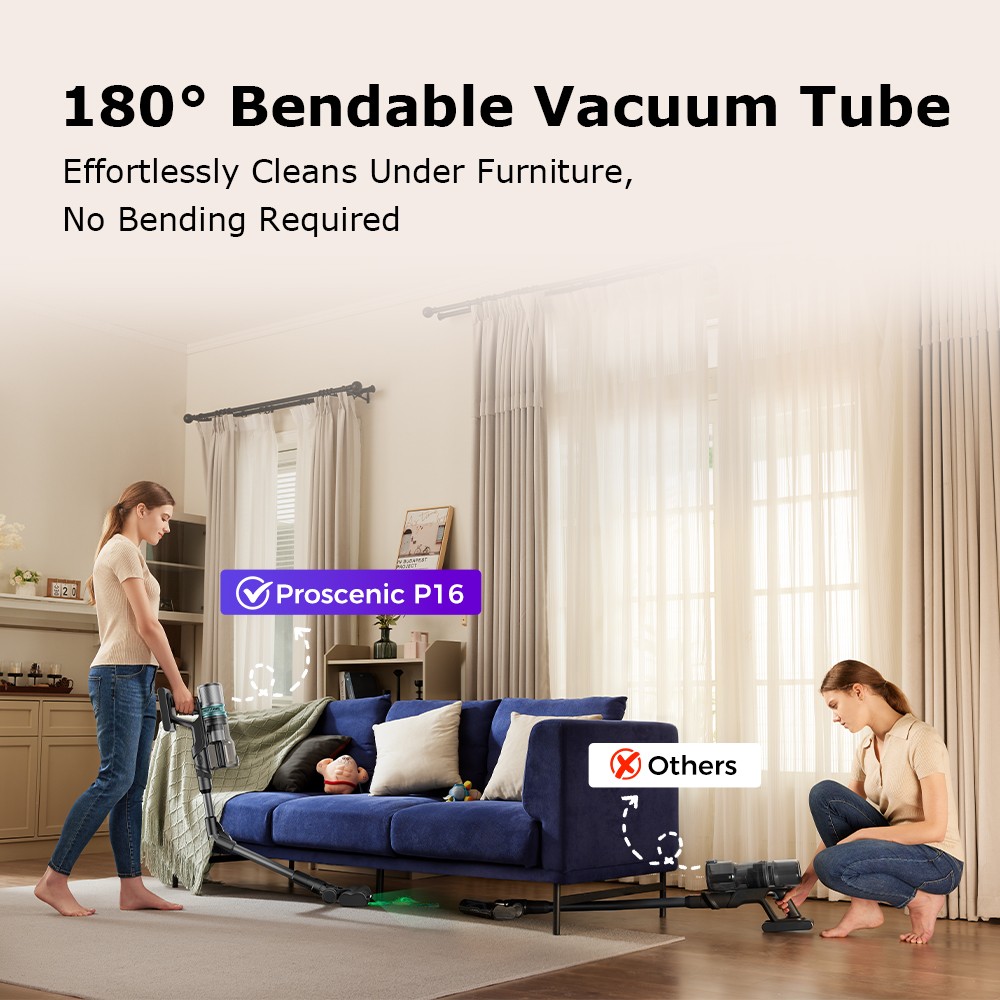Refurbished Proscenic P16 Cordless Stick Vacuum Cleaner, 50kPa Suction, 55mins Runtime, 180° Bendable Wand, Anti-Tangle Floor Brush, 62dB Low Noise, for Home Use & Pet Hair, Gray