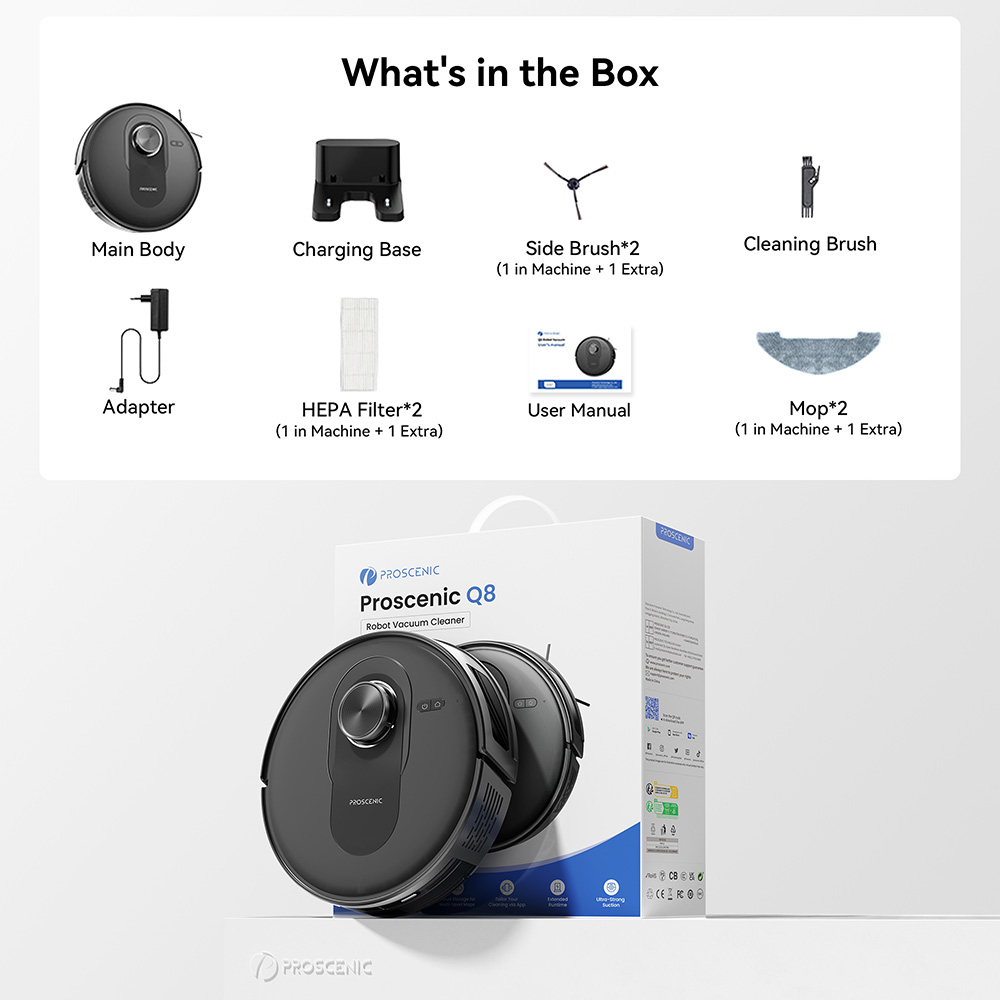 Refurbished Proscenic Q8 Robot Vacuum Cleaners 4200 Pa Suction LiDAR Nav 200min Runtime Automatic Self-Charging APP Control Black