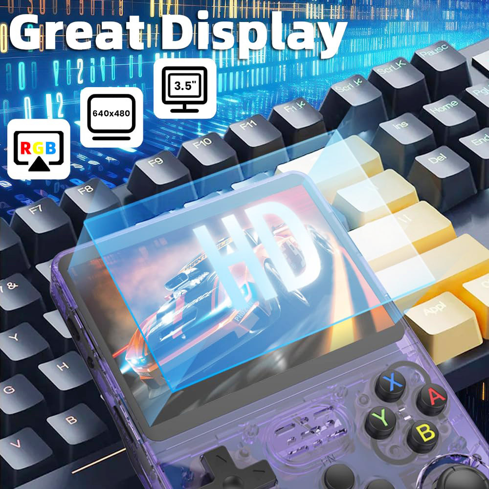 Refurbished R36S Handheld Game Console, 3.5-inch IPS Screen, Linux System, 11 Emulator, 64GB - Transparent Purple