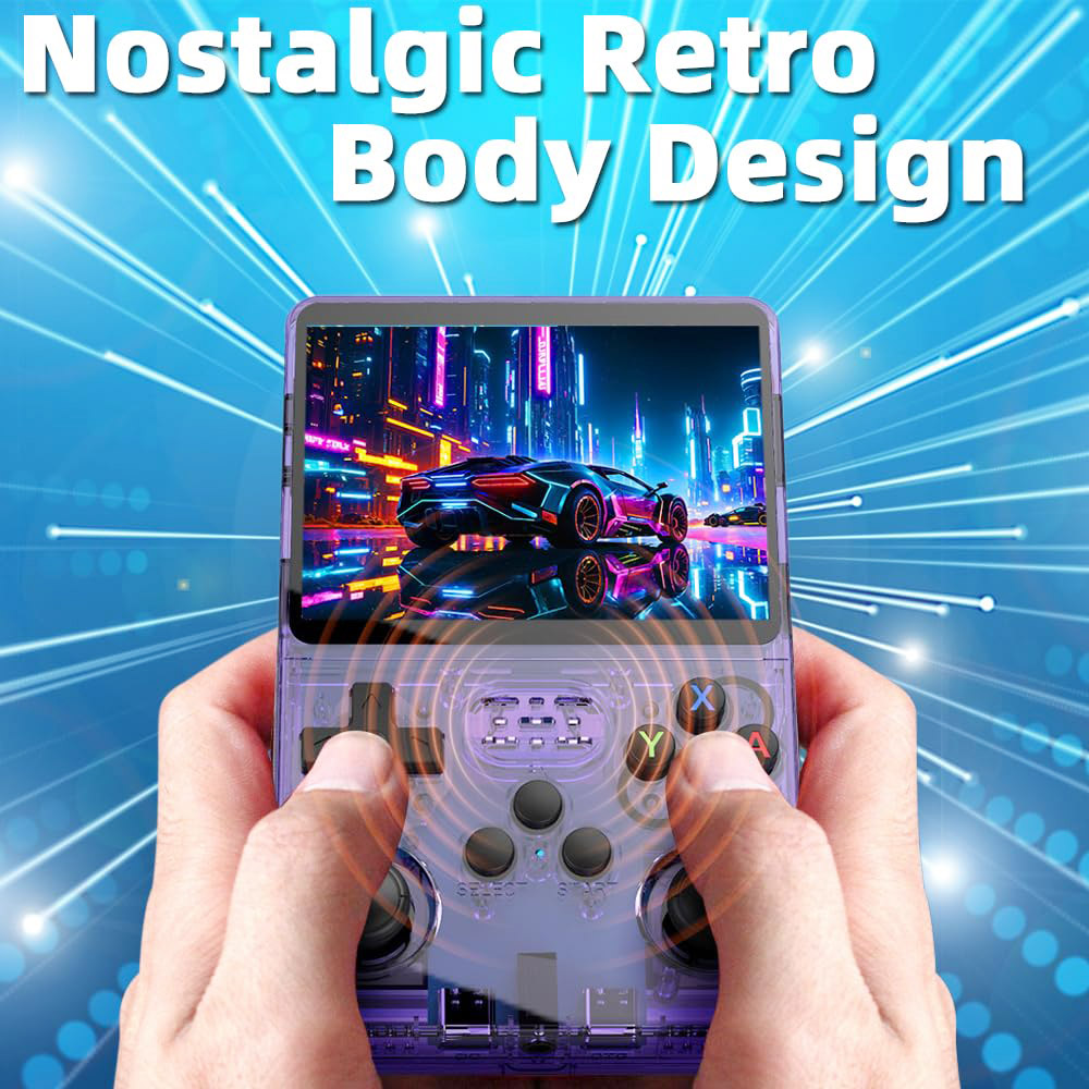 Refurbished R36S Handheld Game Console, 3.5-inch IPS Screen, Linux System, 11 Emulator, 64GB - Transparent Purple