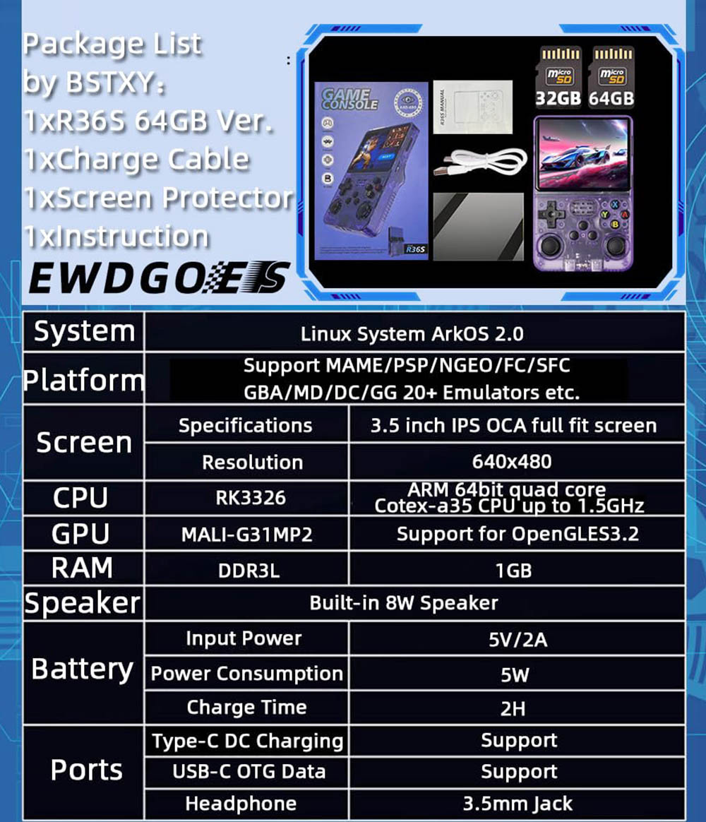 Refurbished R36S Handheld Game Console, 3.5-inch IPS Screen, Linux System, 11 Emulator, 64GB - Transparent Purple