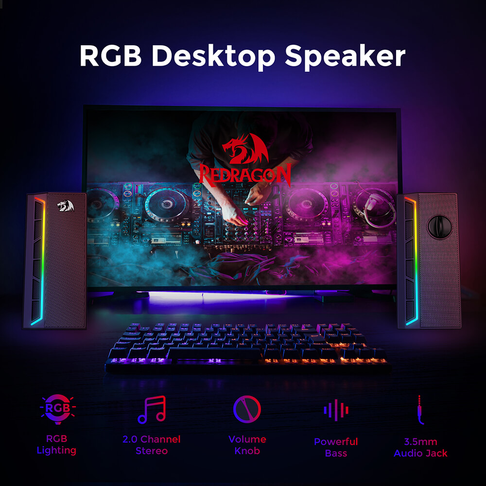 Refurbished Redragon GS580 Calliope RGB Desktop PC Speakers, 2.0 Channel Enhanced Sound and Volume Control with 3.5mm Cable - Black