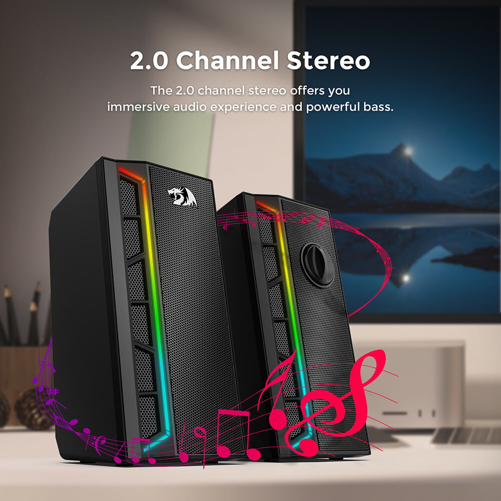 Refurbished Redragon GS580 Calliope RGB Desktop PC Speakers, 2.0 Channel Enhanced Sound and Volume Control with 3.5mm Cable - Black