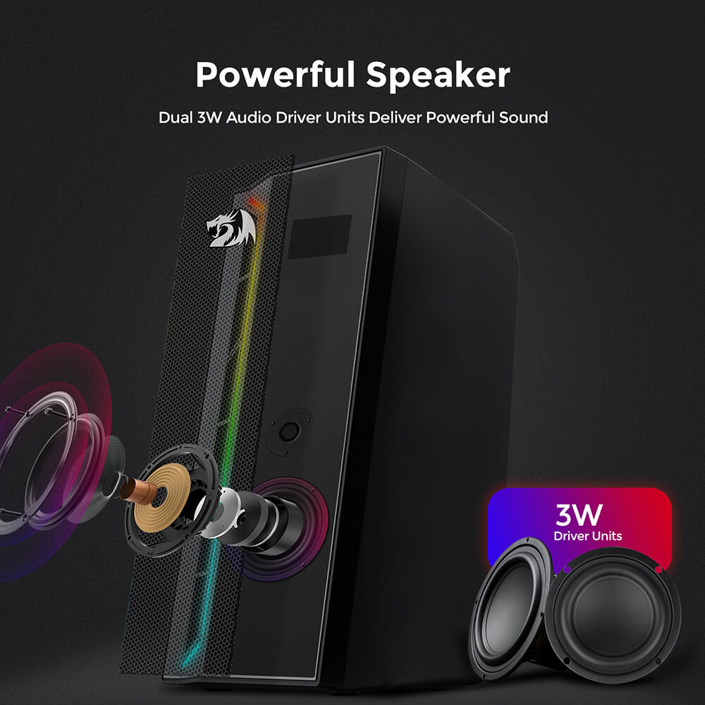 Refurbished Redragon GS580 Calliope RGB Desktop PC Speakers, 2.0 Channel Enhanced Sound and Volume Control with 3.5mm Cable - Black
