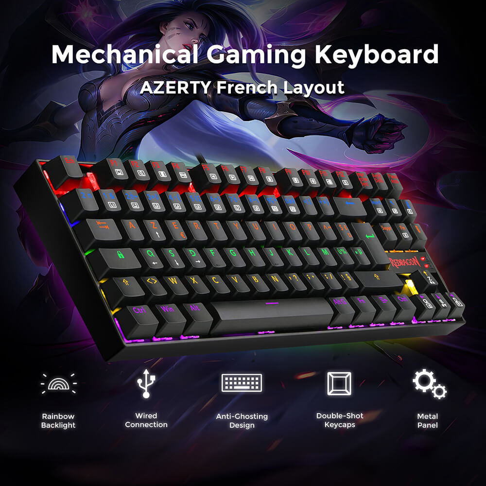Refurbished Redragon K552-KR-FR Rainbow Backlight TKL Mechanical Keyboard Compact 88 Keys AZERTY FR Layout Red Switch - Black