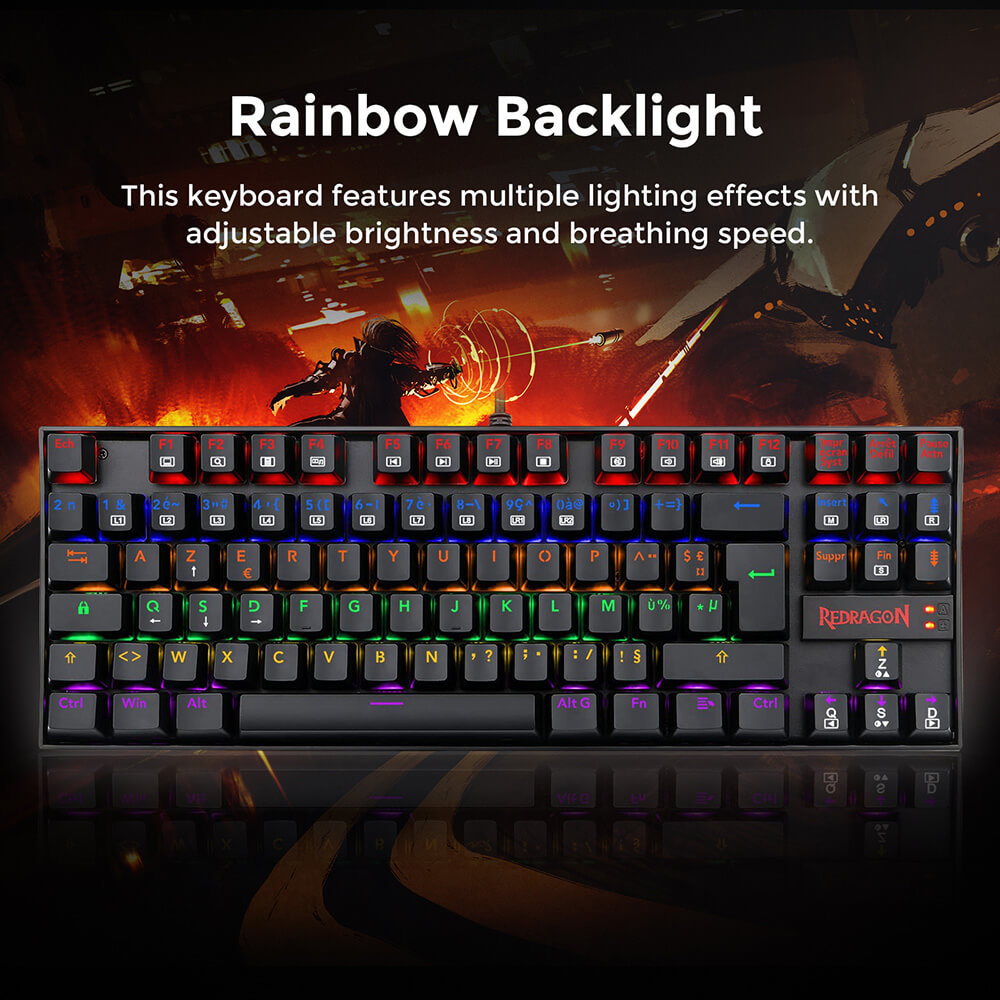 Refurbished Redragon K552-KR-FR Rainbow Backlight TKL Mechanical Keyboard Compact 88 Keys AZERTY FR Layout Red Switch - Black