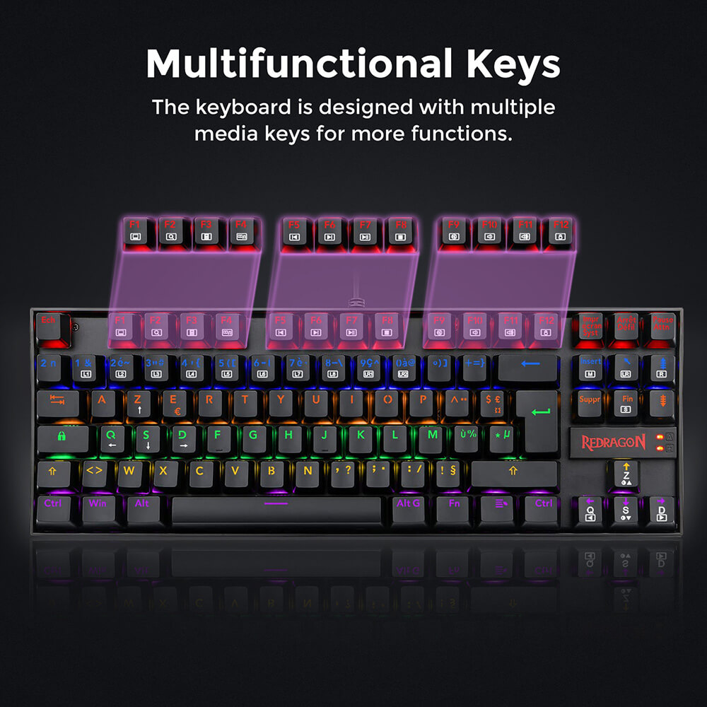 Refurbished Redragon K552-KR-FR Rainbow Backlight TKL Mechanical Keyboard Compact 88 Keys AZERTY FR Layout Red Switch - Black