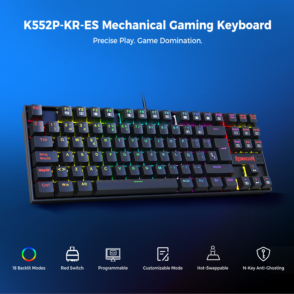 Refurbished Redragon K552P-KR-ES Mechanical Gaming Keyboard, Spanish Layout, 88 Keys, RGB Backlit, Red Switch, Metal Panel, Anti-Ghosting, Wired USB Keyboard for PC, Laptop, Office, Gamers, and Typists – Black