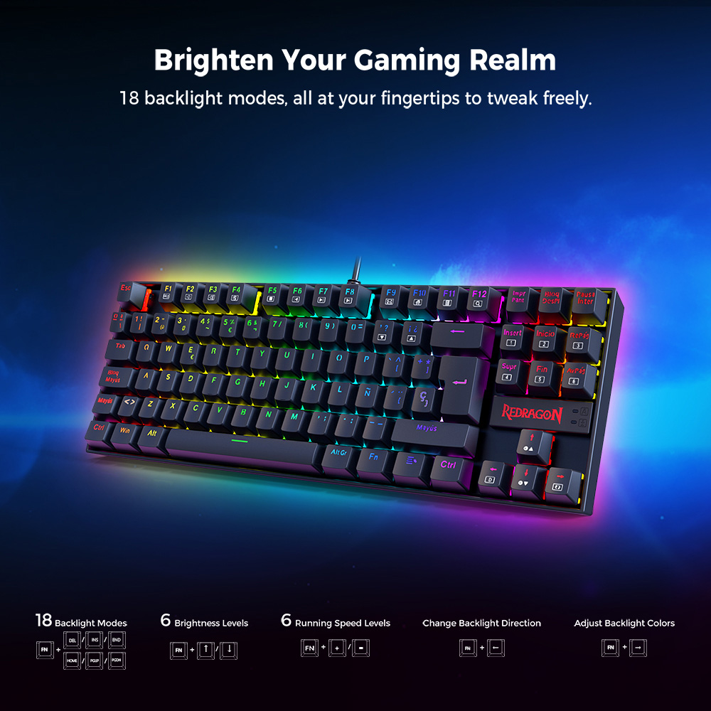 Refurbished Redragon K552P-KR-ES Mechanical Gaming Keyboard, Spanish Layout, 88 Keys, RGB Backlit, Red Switch, Metal Panel, Anti-Ghosting, Wired USB Keyboard for PC, Laptop, Office, Gamers, and Typists – Black