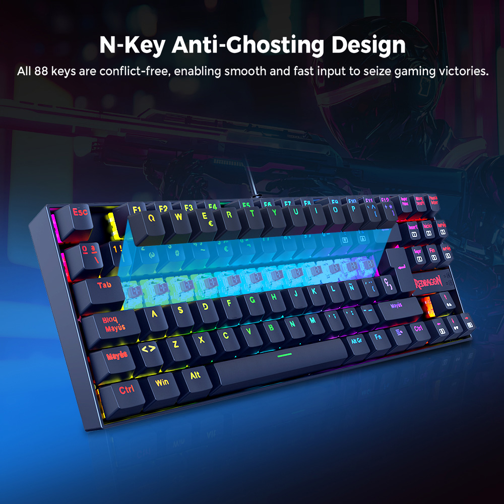 Refurbished Redragon K552P-KR-ES Mechanical Gaming Keyboard, Spanish Layout, 88 Keys, RGB Backlit, Red Switch, Metal Panel, Anti-Ghosting, Wired USB Keyboard for PC, Laptop, Office, Gamers, and Typists – Black