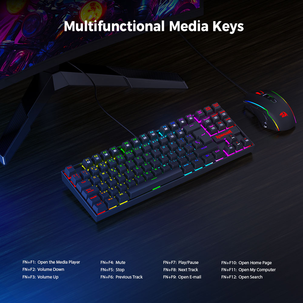 Refurbished Redragon K552P-KR-ES Mechanical Gaming Keyboard, Spanish Layout, 88 Keys, RGB Backlit, Red Switch, Metal Panel, Anti-Ghosting, Wired USB Keyboard for PC, Laptop, Office, Gamers, and Typists – Black