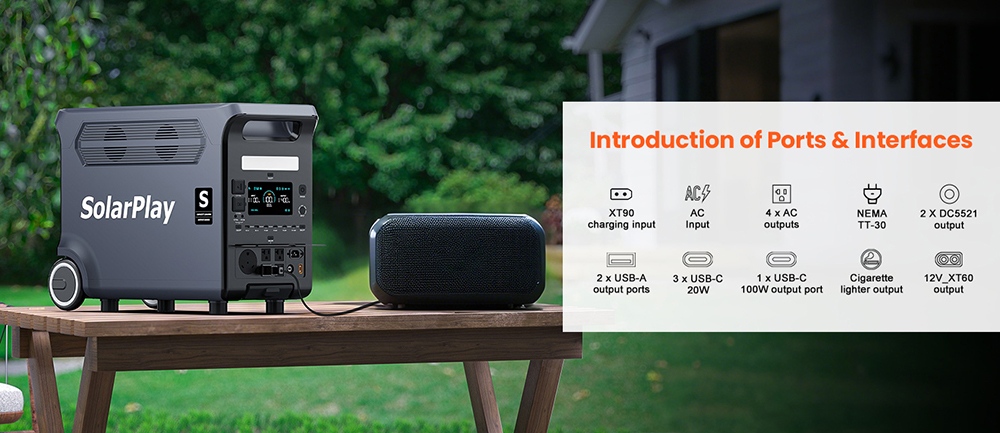 SolarPlay Q3600 Portable Power Station, 3600W Rated Power, 3840Wh LiFePO4 Battery, 7200W Peak Power, 3000+ Cycles, 2000W Hybrid Charging, 100W USB-C, 15 Outputs, 0.02s UPS
