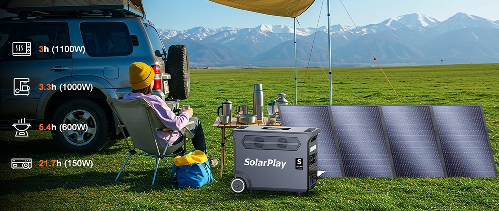 SolarPlay Q3600 Portable Power Station, 3600W Rated Power, 3840Wh LiFePO4 Battery, 7200W Peak Power, 3000+ Cycles, 2000W Hybrid Charging, 100W USB-C, 15 Outputs, 0.02s UPS