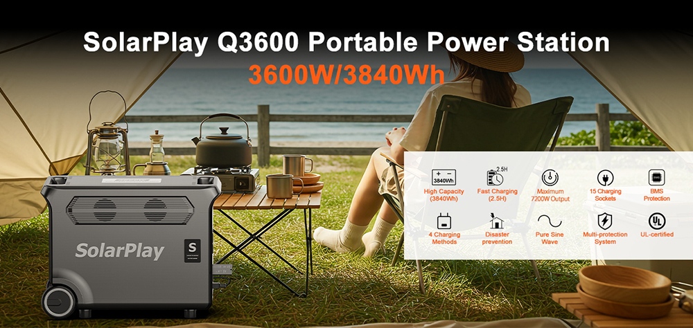 SolarPlay Q3600 Portable Power Station, 3600W Rated Power, 3840Wh LiFePO4 Battery, 7200W Peak Power, 3000+ Cycles, 2000W Hybrid Charging, 100W USB-C, 15 Outputs, 0.02s UPS