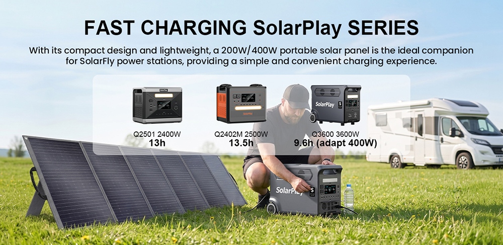 SolarPlay T400 400W Portable Solar Panel, 25% Conversion Efficiency, IP65 Waterproof, Adjustable Tilt Angle, Series & Parallel Connection