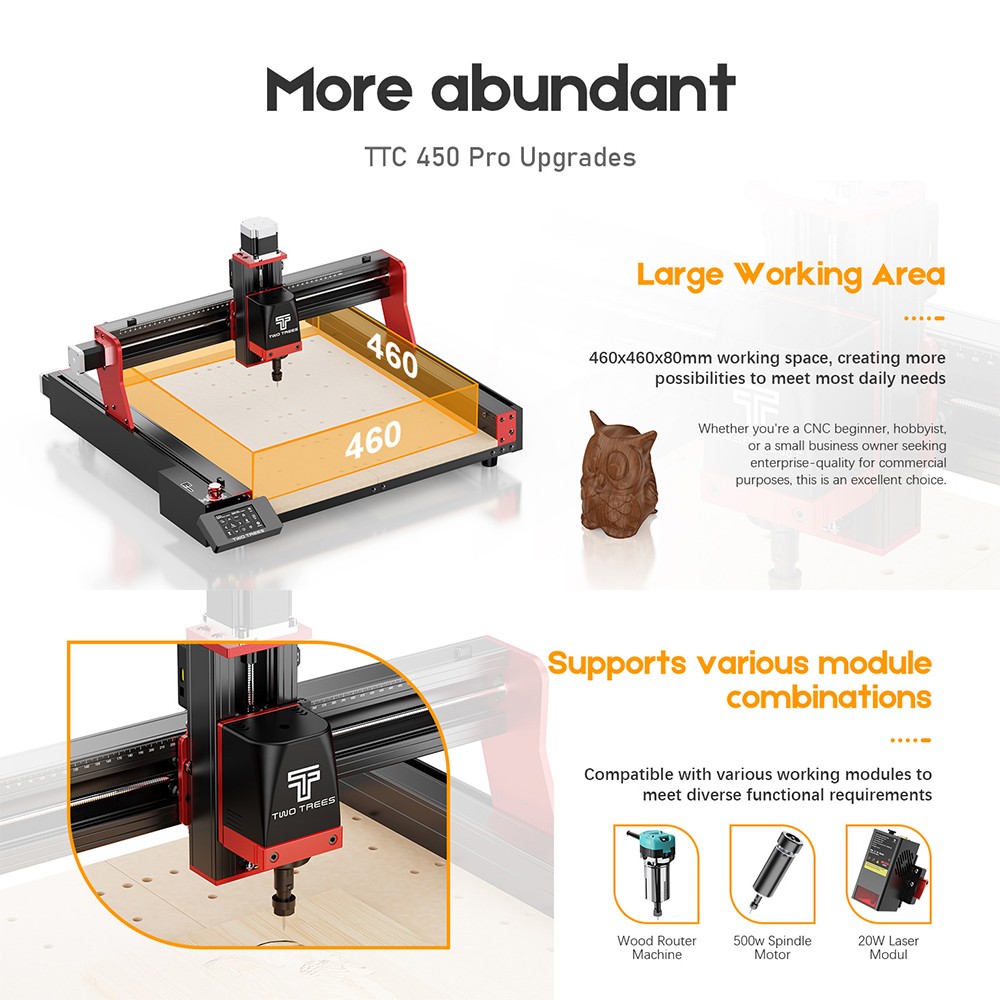 Refurbished TWO TREES TTC450 Pro CNC Router Machine, 4-Axis, 460*460*80mm