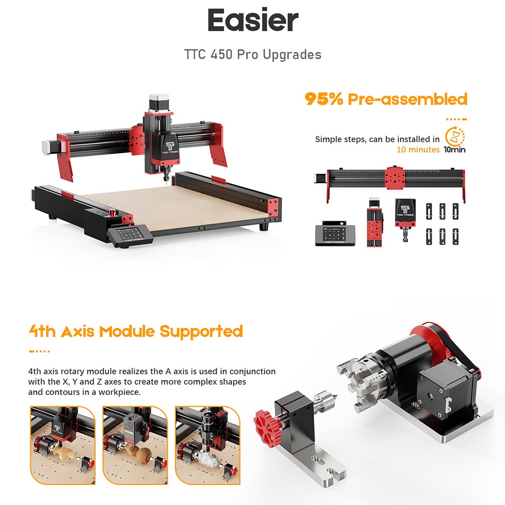 Refurbished TWO TREES TTC450 Pro CNC Router Machine, 4-Axis, 460*460*80mm