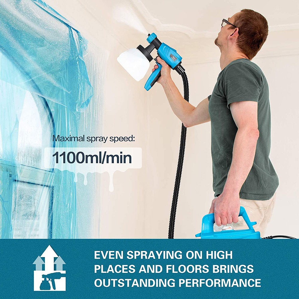 Refurbished Tilswall 800W Paint Sprayer, Max 1100ml/min Spray Speed, 1300ml Detachable Tank, 3 Nozzles Sizes, Blue - EU Plug