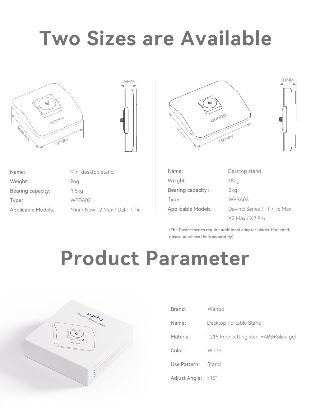 Refurbished Wanbo WBBA02 Desktop Projector Stand, Compatible with Mini / New T2 Max / Dali 1 / T4