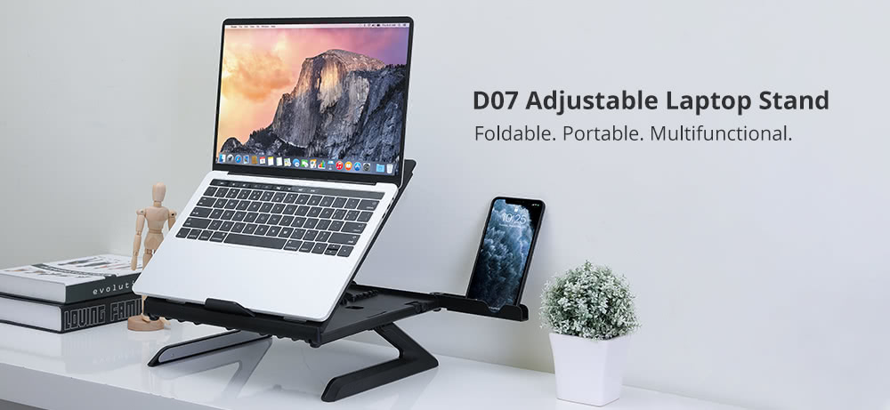 Tronsmart D07 Foldable Laptop Stand, 9-Level Height & Angle Adjustment, 10kg Load Capacity, Ventilated Cooling Design, Dual Phone Holders, for 10–17-Inch Laptops & Tablets - White