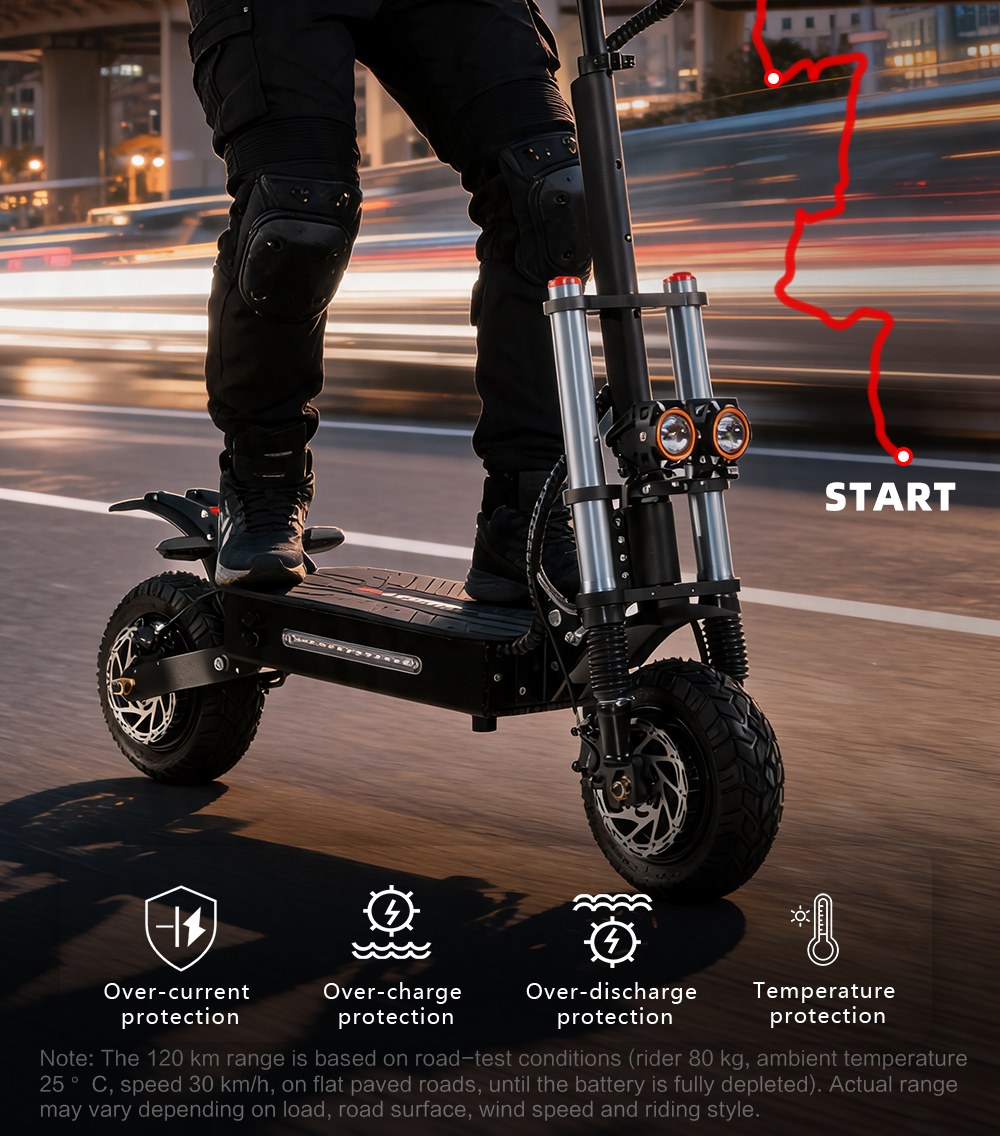 BOYUEDA S3-11 Electric Scooter, 3000W*2 Motor 85km/h Max Speed, 60V 38Ah Battery up to 120km Range, 11-inch Sawtooth Vaccum Off-road Tire, Dual Hydraulic Disc Brakes, Hydraulic damping, 45° Climbing LCD Display All-round Lighting and turn signal