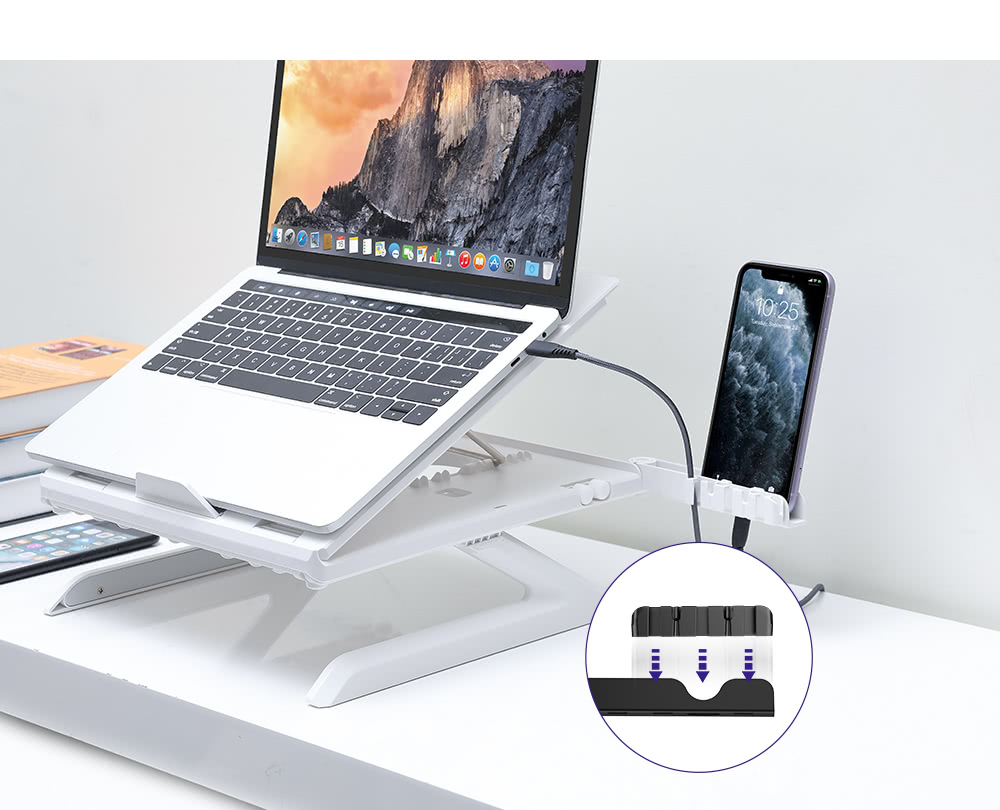 Tronsmart D07 Foldable Laptop Stand, 9-Level Height & Angle Adjustment, 10kg Load Capacity, Ventilated Cooling Design, Dual Phone Holders, for 10–17-Inch Laptops & Tablets - White