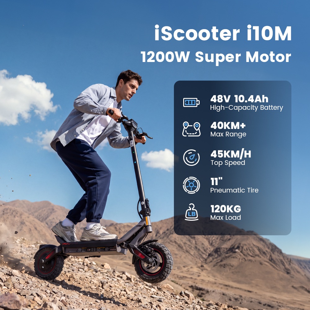 iScooter i10M Elektroroller, 1200-W-Motorleistung, 45 km/h Höchstgeschwindigkeit, 48-V-10,4-Ah-Akku, über 40 km Reichweite, 11-Zoll-Geländereifen, Doppelfederung, Dreifachbremssystem, App-Steuerung, Schnellfaltmechanismus