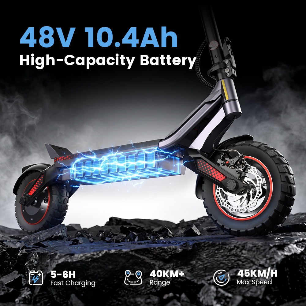 iScooter i10M Elektroroller, 1200-W-Motorleistung, 45 km/h Höchstgeschwindigkeit, 48-V-10,4-Ah-Akku, über 40 km Reichweite, 11-Zoll-Geländereifen, Doppelfederung, Dreifachbremssystem, App-Steuerung, Schnellfaltmechanismus