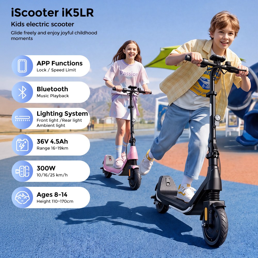 iScooter iK5LR Kids Electric Scooter, 300W Peak Motor, 36V 4.5Ah Battery, 19km Range, 25km/h Max Speed, 3 Speed Modes, Dual Brakes, Front Suspension, 7-Inch Solid Tires, APP Control, Bluetooth Music, RGB Lights - Black