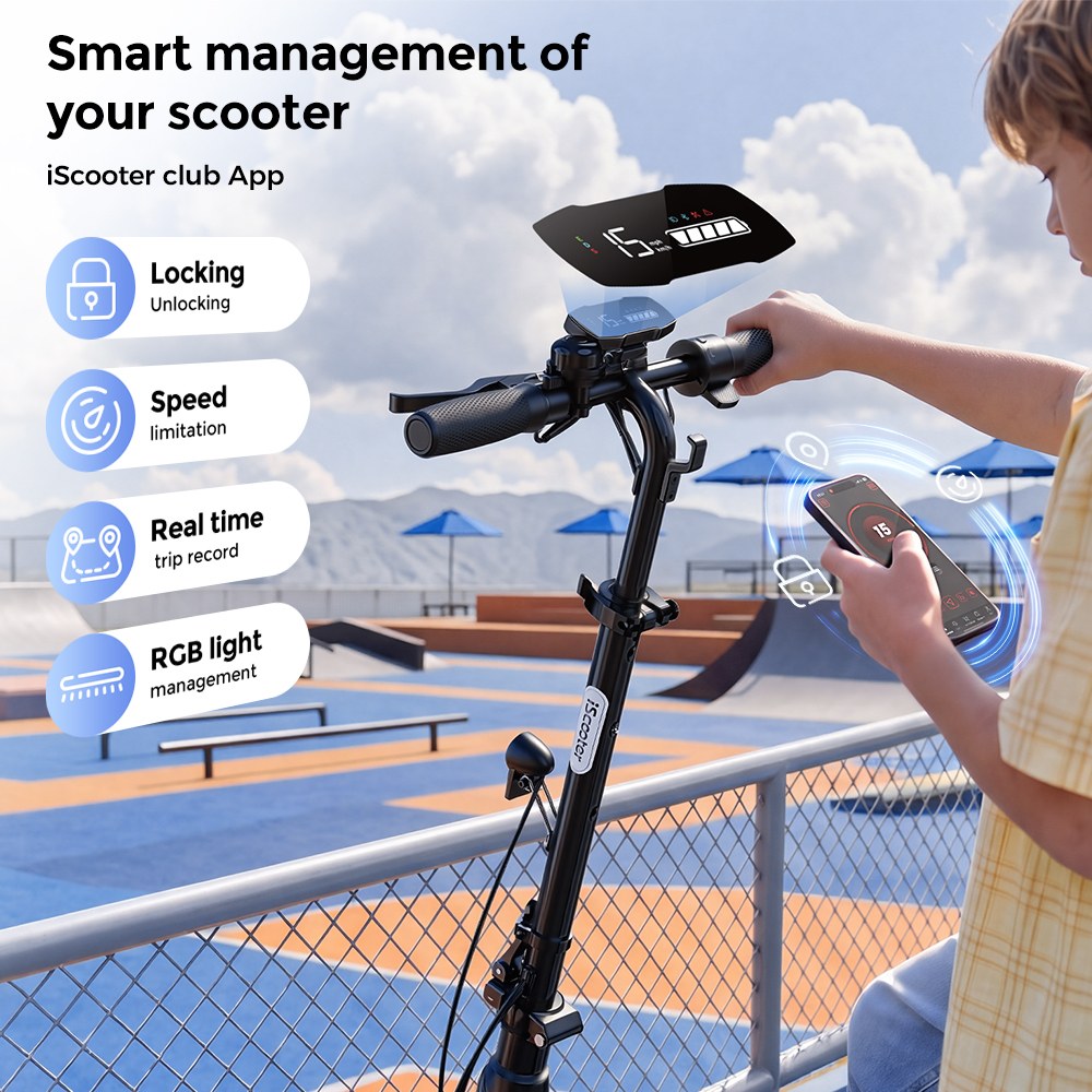 iScooter iK5LR Kids Electric Scooter, 300W Peak Motor, 36V 4.5Ah Battery, 19km Range, 25km/h Max Speed, 3 Speed Modes, Dual Brakes, Front Suspension, 7-Inch Solid Tires, APP Control, Bluetooth Music, RGB Lights - Black