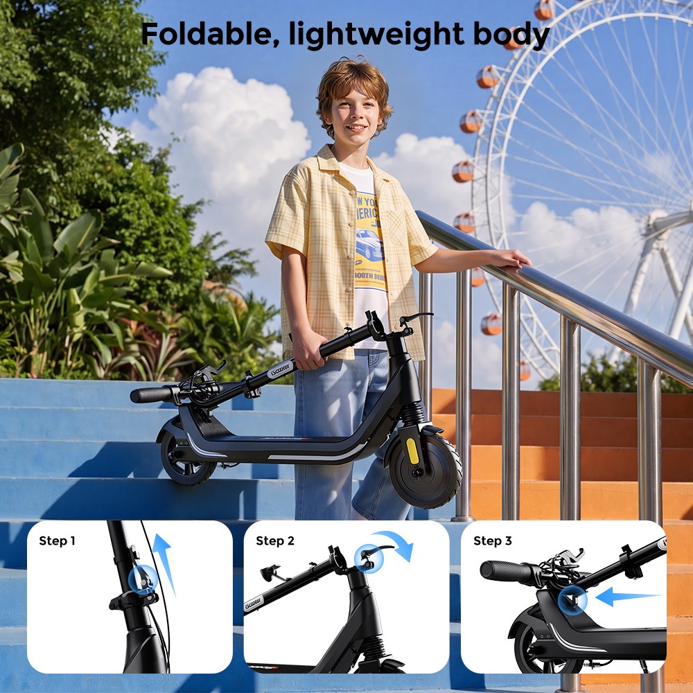 iScooter iK5LR Kids Electric Scooter, 300W Peak Motor, 36V 4.5Ah Battery, 19km Range, 25km/h Max Speed, 3 Speed Modes, Dual Brakes, Front Suspension, 7-Inch Solid Tires, APP Control, Bluetooth Music, RGB Lights - Black