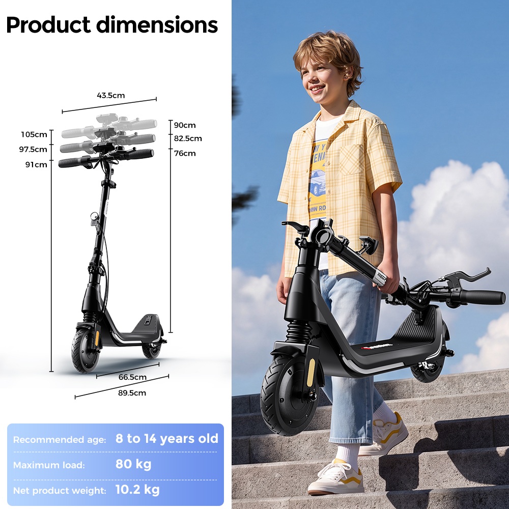 iScooter iK5LR Kids Electric Scooter, 300W Peak Motor, 36V 4.5Ah Battery, 19km Range, 25km/h Max Speed, 3 Speed Modes, Dual Brakes, Front Suspension, 7-Inch Solid Tires, APP Control, Bluetooth Music, RGB Lights - Black