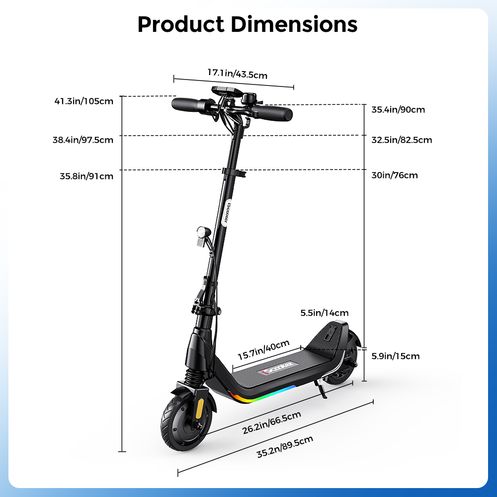 iScooter iK5LR Kids Electric Scooter, 300W Peak Motor, 36V 4.5Ah Battery, 19km Range, 25km/h Max Speed, 3 Speed Modes, Dual Brakes, Front Suspension, 7-Inch Solid Tires, APP Control, Bluetooth Music, RGB Lights - Black