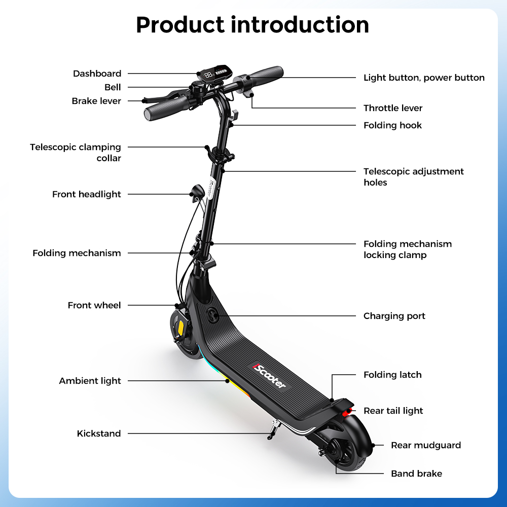 iScooter iK5LR Kids Electric Scooter, 300W Peak Motor, 36V 4.5Ah Battery, 19km Range, 25km/h Max Speed, 3 Speed Modes, Dual Brakes, Front Suspension, 7-Inch Solid Tires, APP Control, Bluetooth Music, RGB Lights - Black