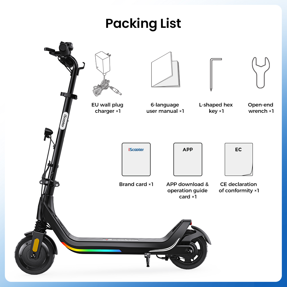 iScooter iK5LR Kids Electric Scooter, 300W Peak Motor, 36V 4.5Ah Battery, 19km Range, 25km/h Max Speed, 3 Speed Modes, Dual Brakes, Front Suspension, 7-Inch Solid Tires, APP Control, Bluetooth Music, RGB Lights - Black