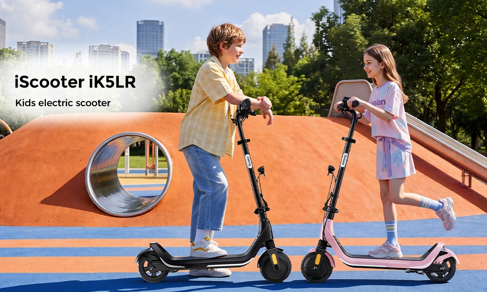iScooter iK5LR Kids Electric Scooter, 300W Peak Motor, 36V 4.5Ah Battery, 19km Range, 25km/h Max Speed, 3 Speed Modes, Dual Brakes, Front Suspension, 7-Inch Solid Tires, APP Control, Bluetooth Music, RGB Lights - Black