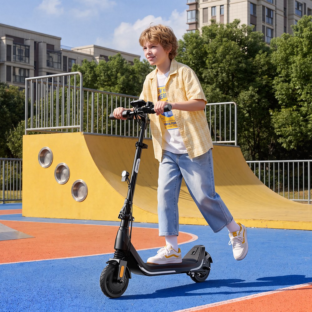 iScooter iK5LR Kids Electric Scooter, 300W Peak Motor, 36V 4.5Ah Battery, 19km Range, 25km/h Max Speed, 3 Speed Modes, Dual Brakes, Front Suspension, 7-Inch Solid Tires, APP Control, Bluetooth Music, RGB Lights - Black