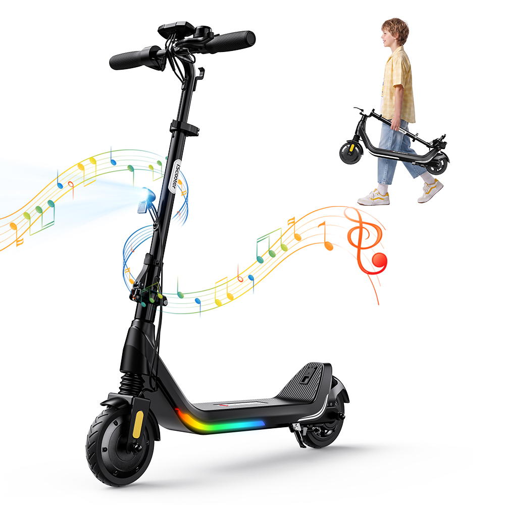 iScooter iK5LR Kids Electric Scooter, 300W Peak Motor, 36V 4.5Ah Battery, 19km Range, 25km/h Max Speed, 3 Speed Modes, Dual Brakes, Front Suspension, 7-Inch Solid Tires, APP Control, Bluetooth Music, RGB Lights - Black