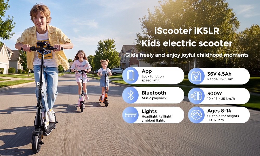 iScooter iK5LR Kids Electric Scooter, 300W Peak Motor, 36V 4.5Ah Battery, 19km Range, 25km/h Max Speed, 3 Speed Modes, Dual Brakes, Front Suspension, 7-Inch Solid Tires, APP Control, Bluetooth Music, RGB Lights - Black