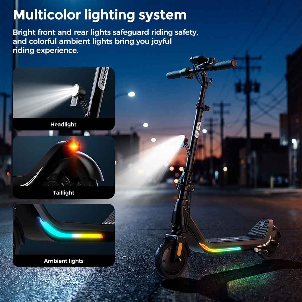 iScooter iK5LR Kids Electric Scooter, 300W Peak Motor, 36V 4.5Ah Battery, 19km Range, 25km/h Max Speed, 3 Speed Modes, Dual Brakes, Front Suspension, 7-Inch Solid Tires, APP Control, Bluetooth Music, RGB Lights - Black